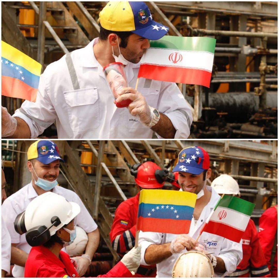 ادای احترام به پرچم ایران پس از پهلوگیری نفتکش در بندر ال پالیتو
